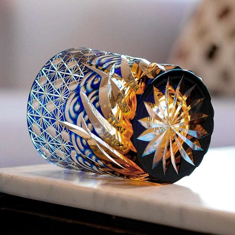 Edo Kiriko Blue Amber Hand-Cut Whisky Glass