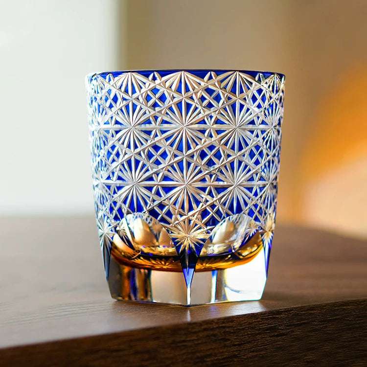 Edo Kiriko Blue Amber Hand-Cut Whisky Glass