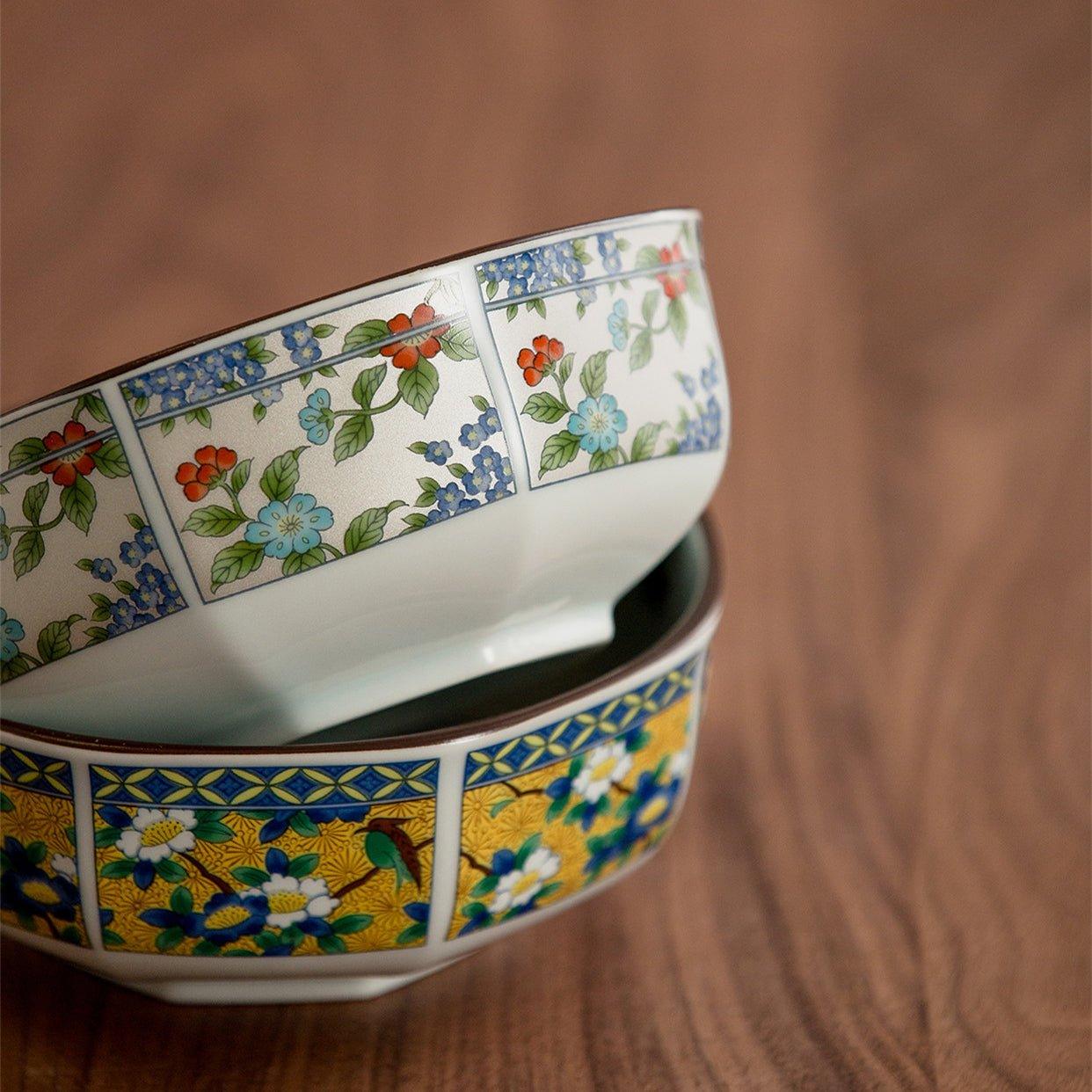Japanese Mino Ware Court Dyed Brocade Octagonal Bowls Set – A Tapestry of Tradition