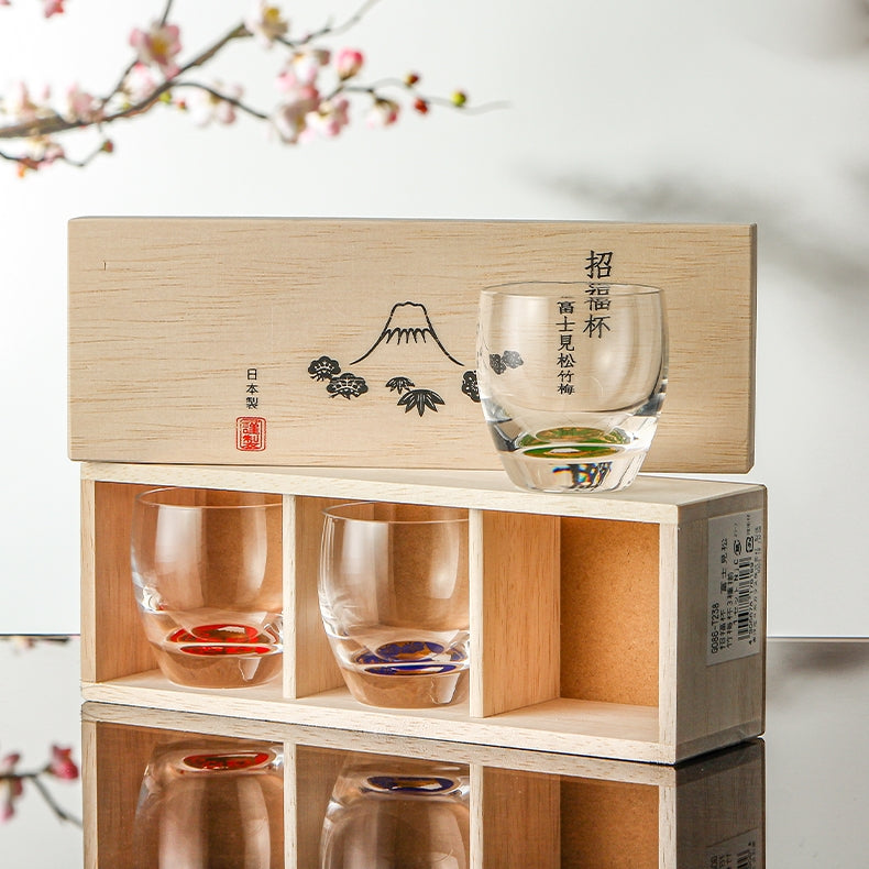 Toyo-Sasaki Shochikubai Japanese Handcrafted Glass Cup Set of 3 | Mt. Fuji Design