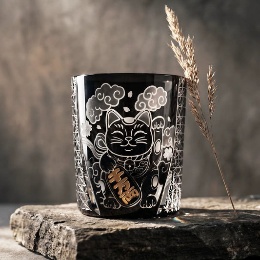 Edo Kiriko Handcrafted Kuro Kin Maneki Neko Whisky Glass With Wooden Box
