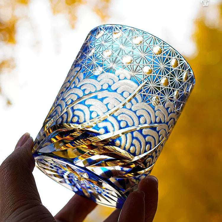 Edo Kiriko Blue Amber Hand-Cut Whisky Glass