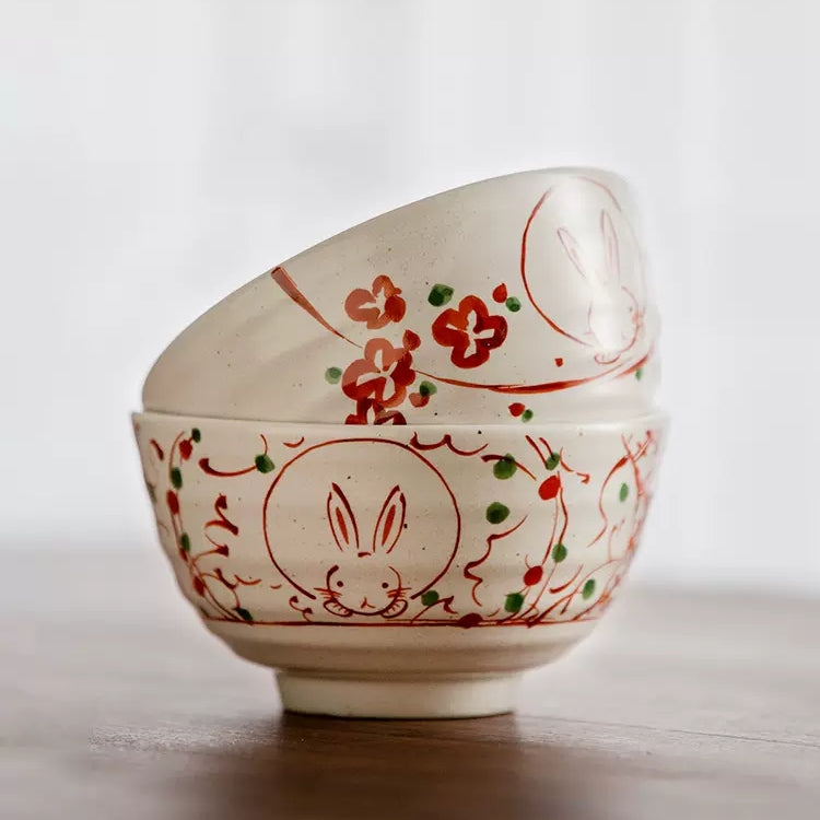 Authentic Hasami-yaki Hand-Painted Rabbit Motif Stoneware Bowl Set