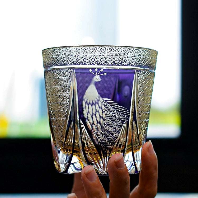 Edo Kiriko Violet Peacock Hand-Cut Whisky Glass
