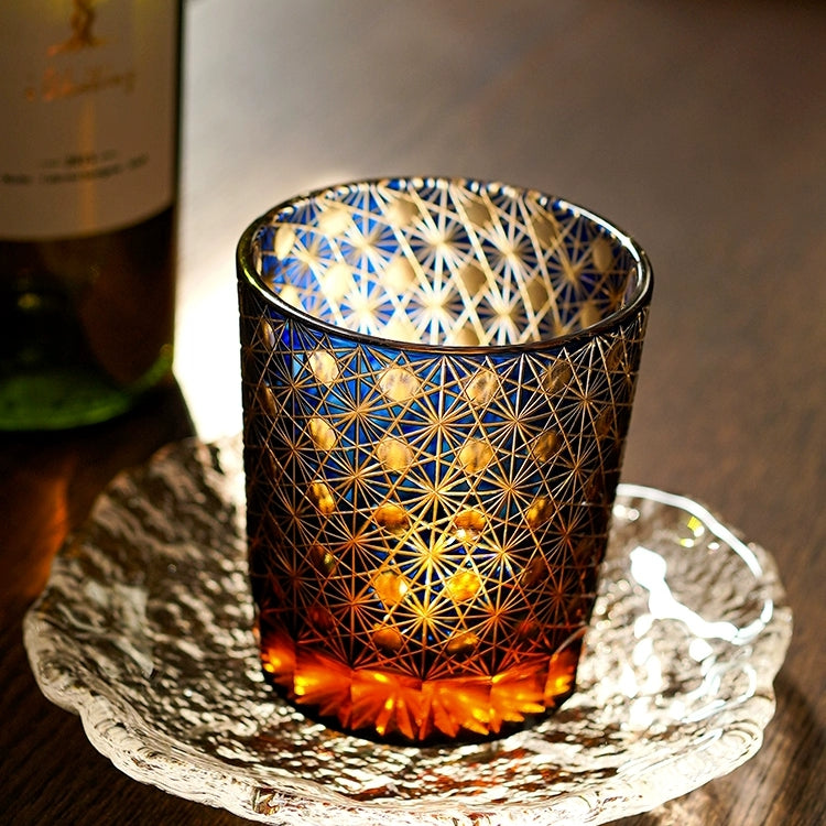 Edo Kiriko Star Chrysanthemum Whisky Glasses: Handcrafted Amber Crystal with Wooden Presentation Box