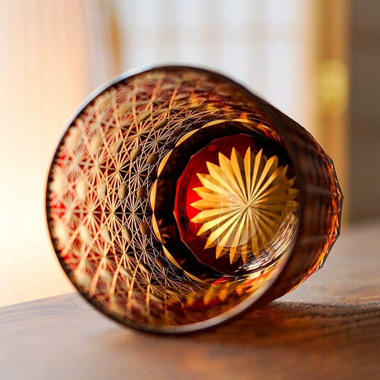 Edo Kiriko Star Chrysanthemum Whisky Glasses: Handcrafted Amber Crystal with Wooden Presentation Box