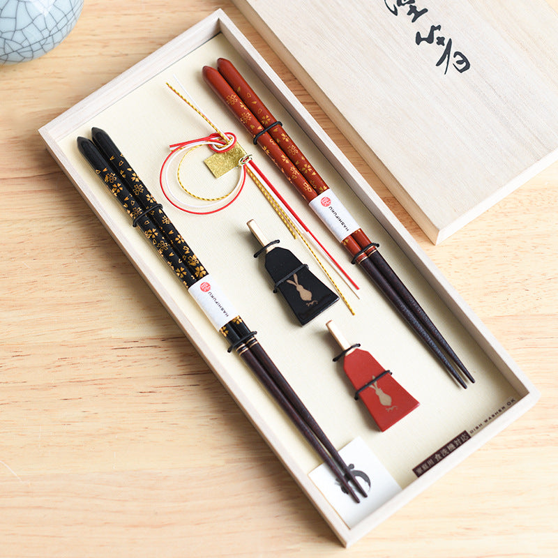 Japanese Handcrafted Golden Sakura Wooden Chopsticks Wedding Gift Set