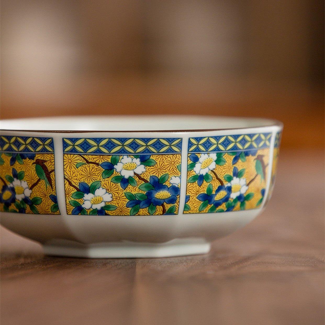 Japanese Mino Ware Court Dyed Brocade Octagonal Bowls Set – A Tapestry of Tradition