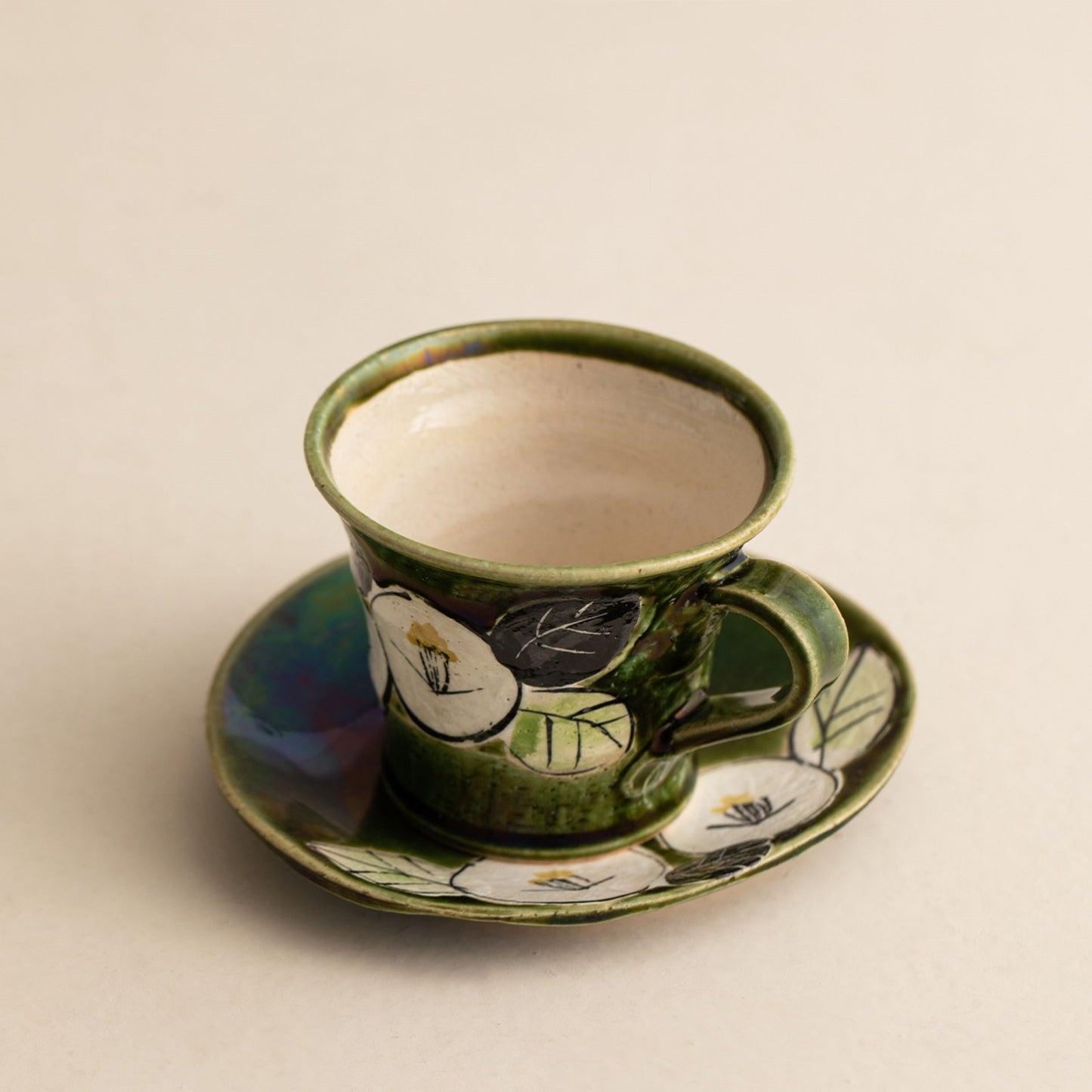 Hatsuichi Mino Ware Handcrafted Oribe Camellia Ceramic Coffee Cup/Saucer Set