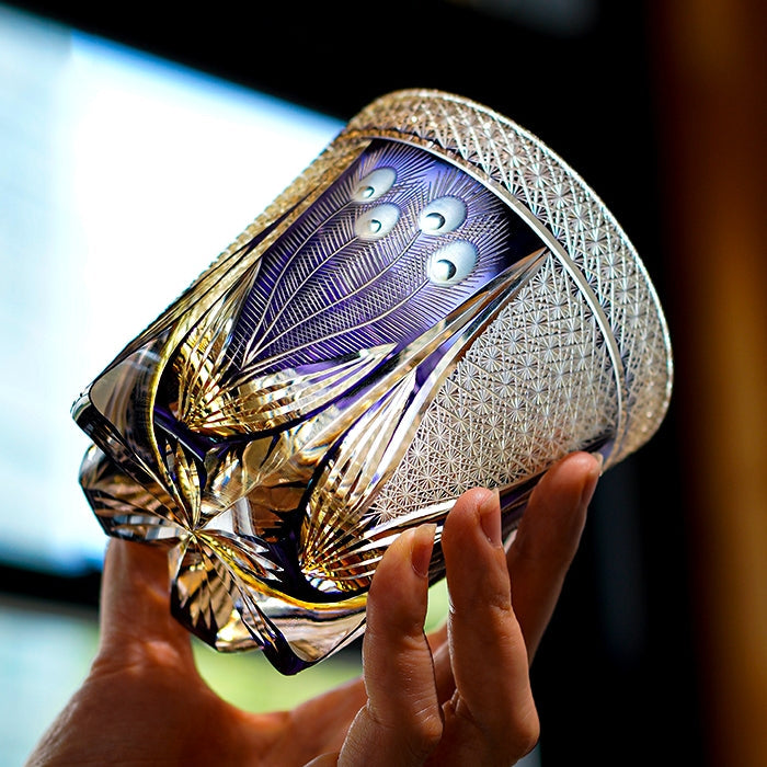 Personalized Edo Kiriko Handcrafted Violet Peacock Whisky Glass – A Royal Bloom in Crystal