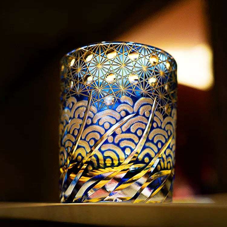 Edo Kiriko Blue Amber Hand-Cut Whisky Glass