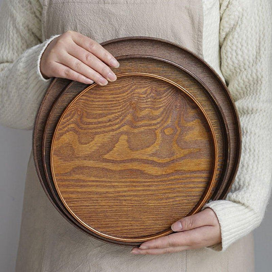 Japanese Brown Wooden Round Tray. Multi-purpose Serving Platter