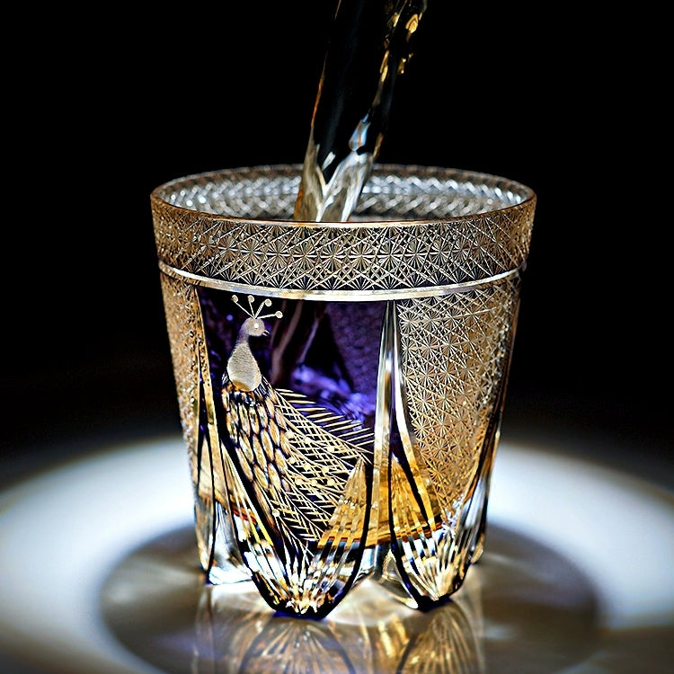 Personalized Edo Kiriko Handcrafted Violet Peacock Whisky Glass – A Royal Bloom in Crystal