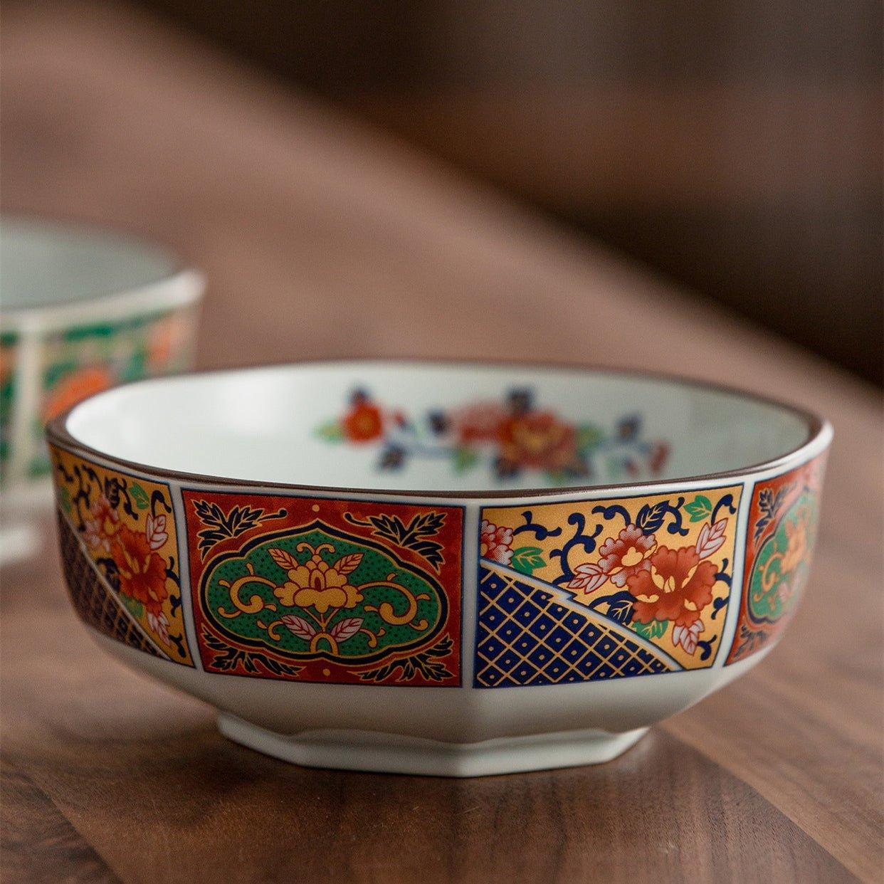 Japanese Mino Ware Court Dyed Brocade Octagonal Bowls Set – A Tapestry of Tradition