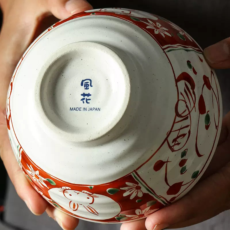 Authentic Hasami-yaki Hand-Painted Rabbit Motif Stoneware Bowl Set