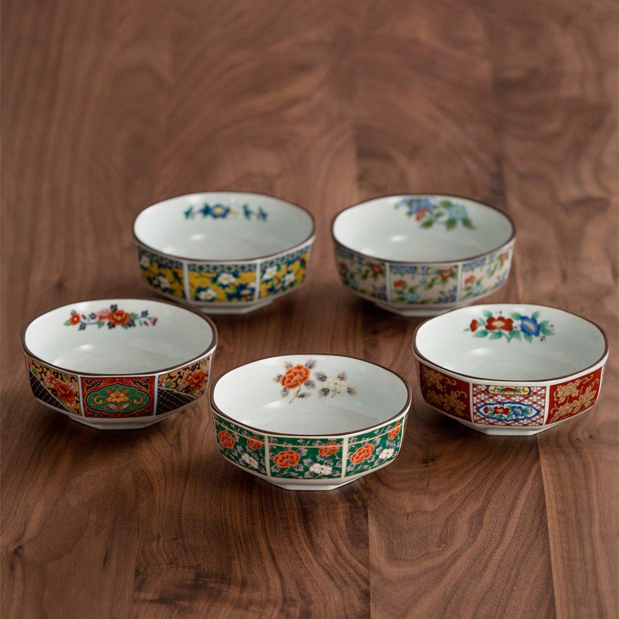 Japanese Mino Ware Court Dyed Brocade Octagonal Bowls Set – A Tapestry of Tradition