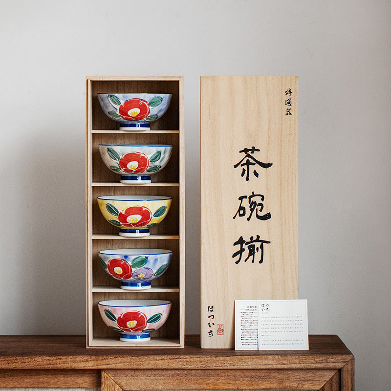 Japanese Mino-yaki Hand-Painted Floral Bowl Set (5-Piece)