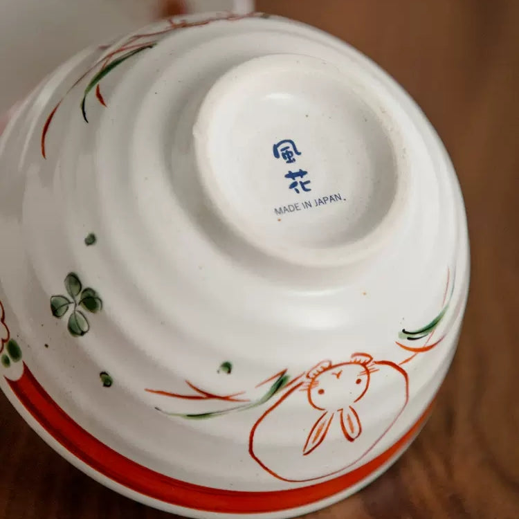 Authentic Hasami-yaki Hand-Painted Rabbit Motif Stoneware Bowl Set