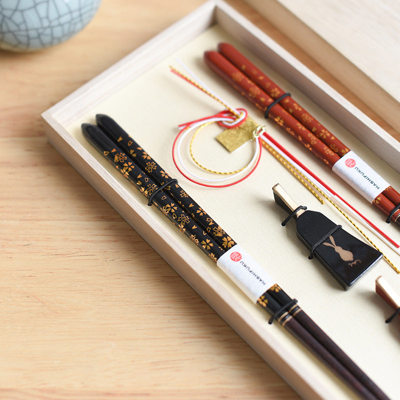Japanese Handcrafted Golden Sakura Wooden Chopsticks Wedding Gift Set