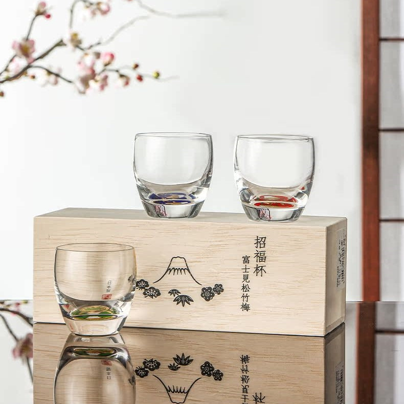 Toyo-Sasaki Shochikubai Japanese Handcrafted Glass Cup Set of 3 | Mt. Fuji Design