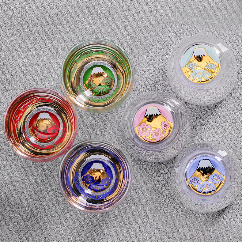 Toyo-Sasaki Shochikubai Japanese Handcrafted Glass Cup Set of 3 | Mt. Fuji Design