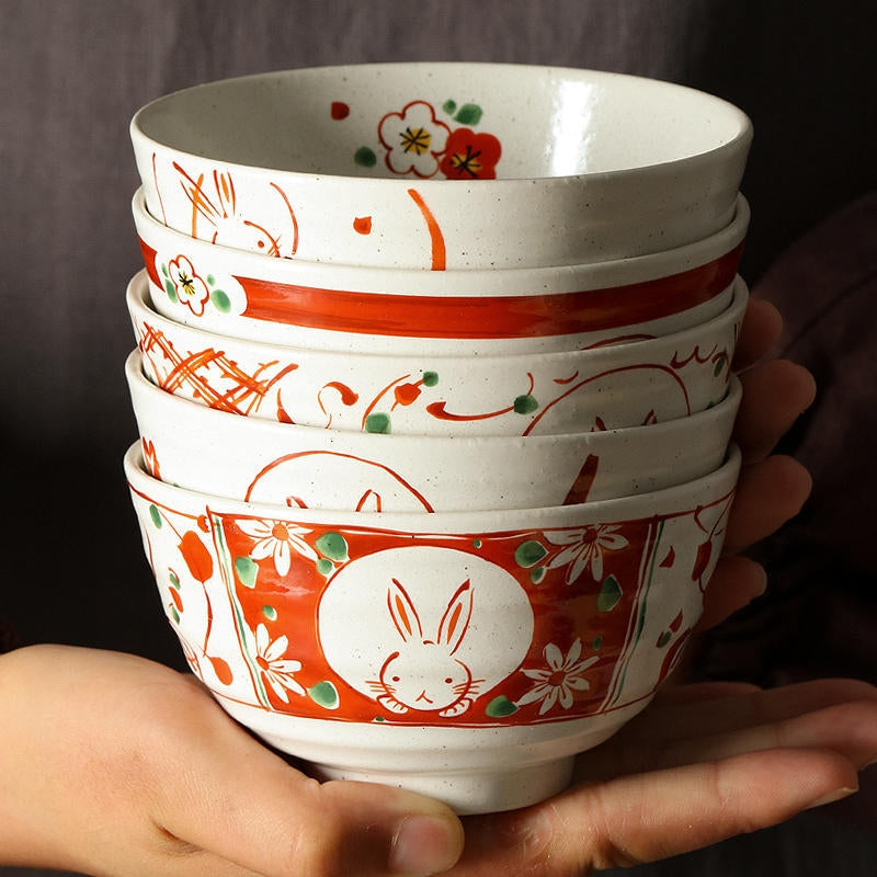 Authentic Hasami-yaki Hand-Painted Rabbit Motif Stoneware Bowl Set