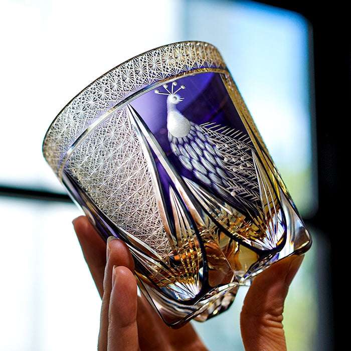 Edo Kiriko Violet Peacock Hand-Cut Whisky Glass