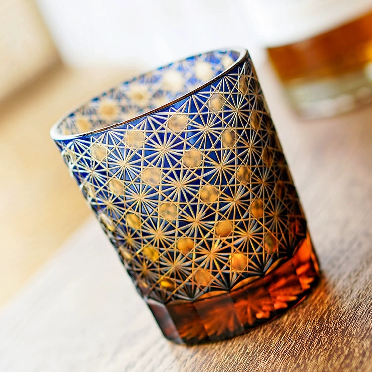 Edo Kiriko Star Chrysanthemum Whisky Glasses: Handcrafted Amber Crystal with Wooden Presentation Box
