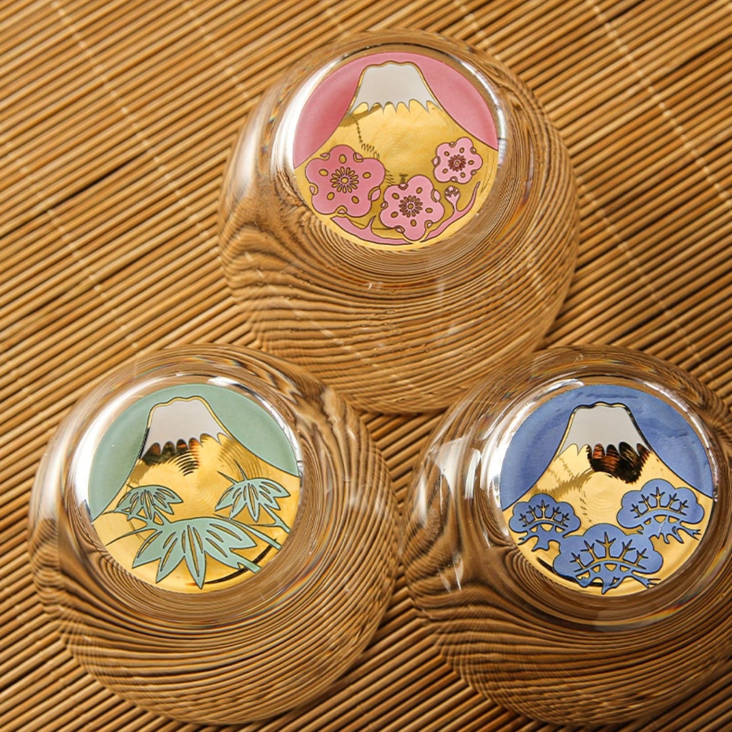 Toyo-Sasaki Shochikubai Japanese Handcrafted Glass Cup Set of 3 | Mt. Fuji Design