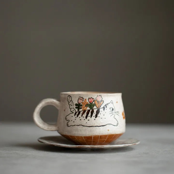 Cat Ceramic Coffee Mug – Original Cute Minimalist Tea Cup & Friendship Gift