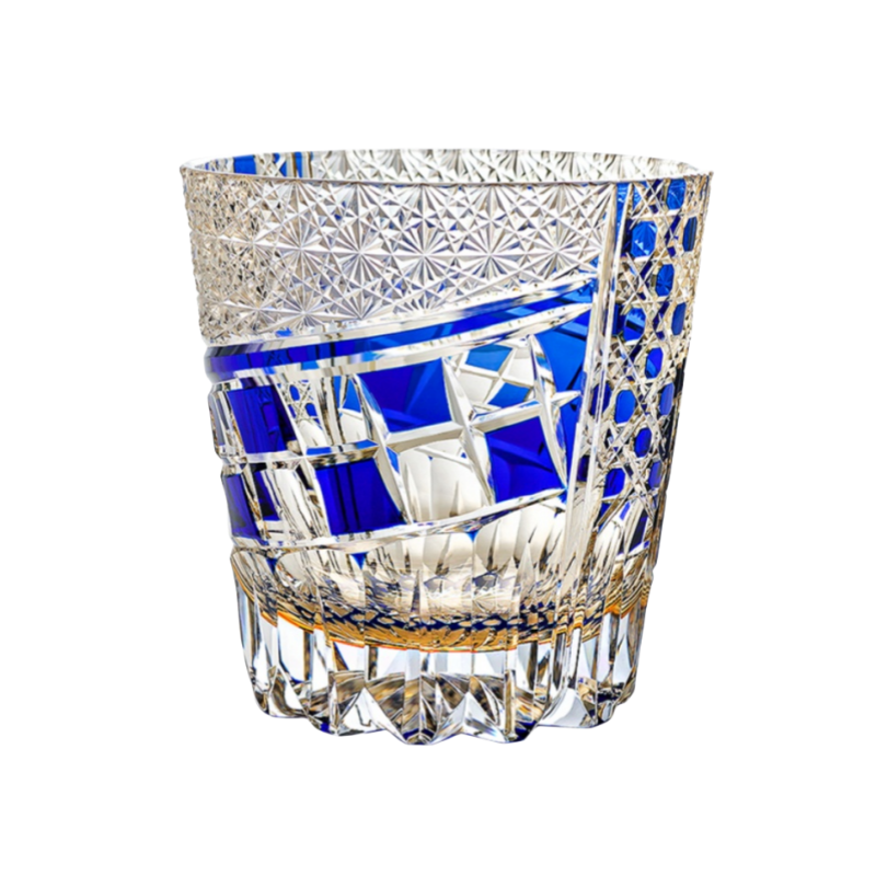 Edo Kiriko Hand-carved Sapphire Motif Whiskey Glass