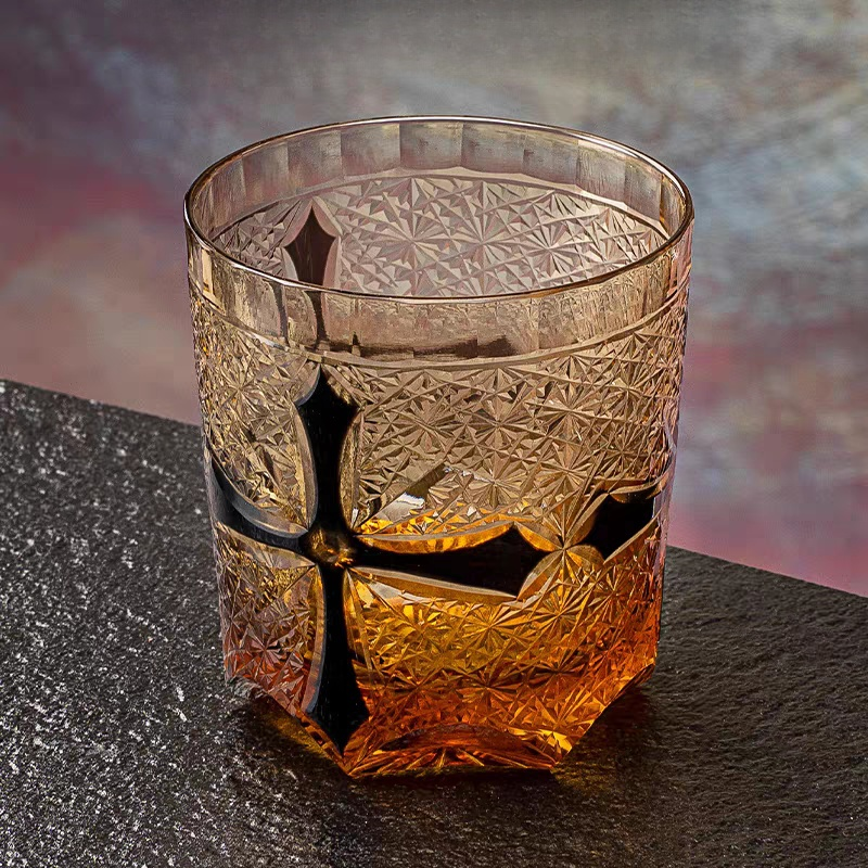 Edo Kiriko Handcrafted Amber Cross Heart Whiskey Glass - Japanese