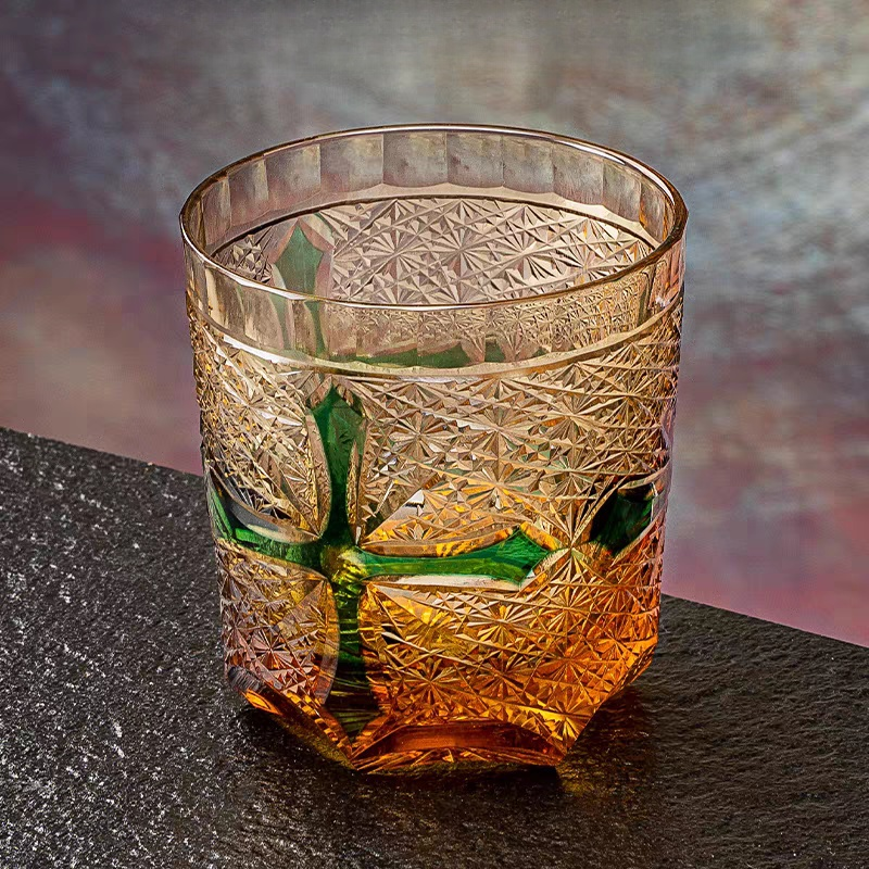 Edo Kiriko Handcrafted Amber Cross Heart Whiskey Glass - Japanese