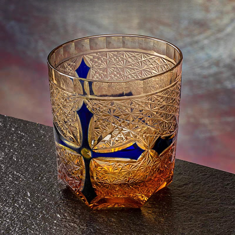 Edo Kiriko Handcrafted Amber Cross Heart Whiskey Glass - Japanese