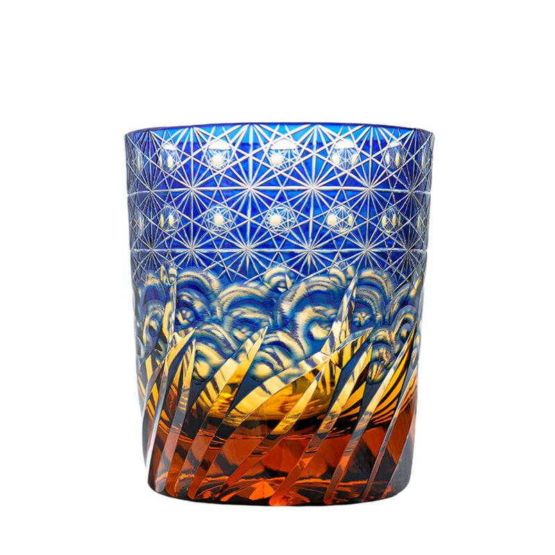 Edo Kiriko Handcrafted Blue Amber Whisky Glass With Wooden Box