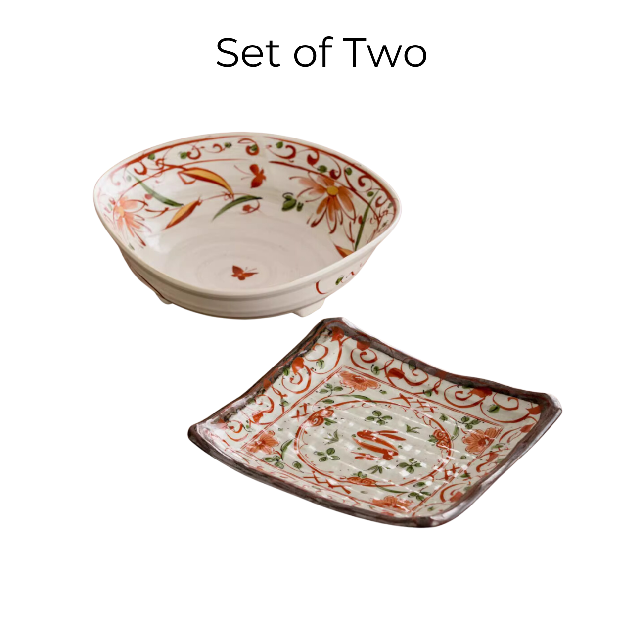Mino Ware Akae Red Blossom Butterfly Dish Collection
