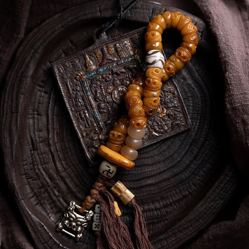 Tibetan Slanted Cut Yak Bone Mala Bracelet with Tassel