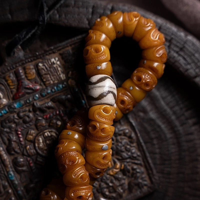Tibetan Slanted Cut Yak Bone Mala Bracelet with Tassel
