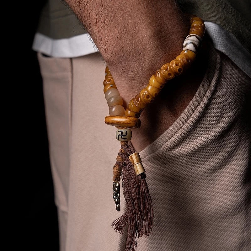 Tibetan Slanted Cut Yak Bone Mala Bracelet with Tassel