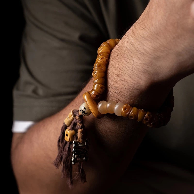 Tibetan Slanted Cut Yak Bone Mala Bracelet with Tassel