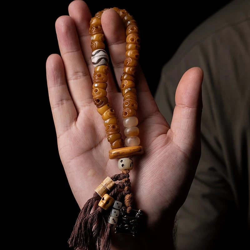 Tibetan Slanted Cut Yak Bone Mala Bracelet with Tassel