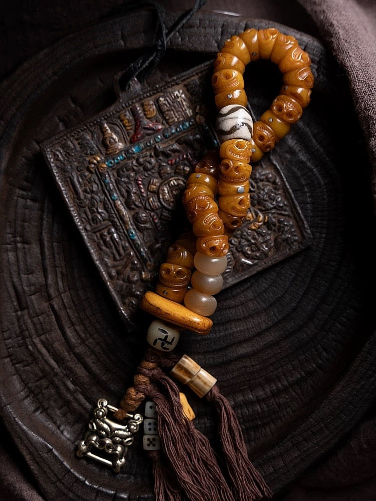 Tibetan Slanted Cut Yak Bone Mala Bracelet with Tassel