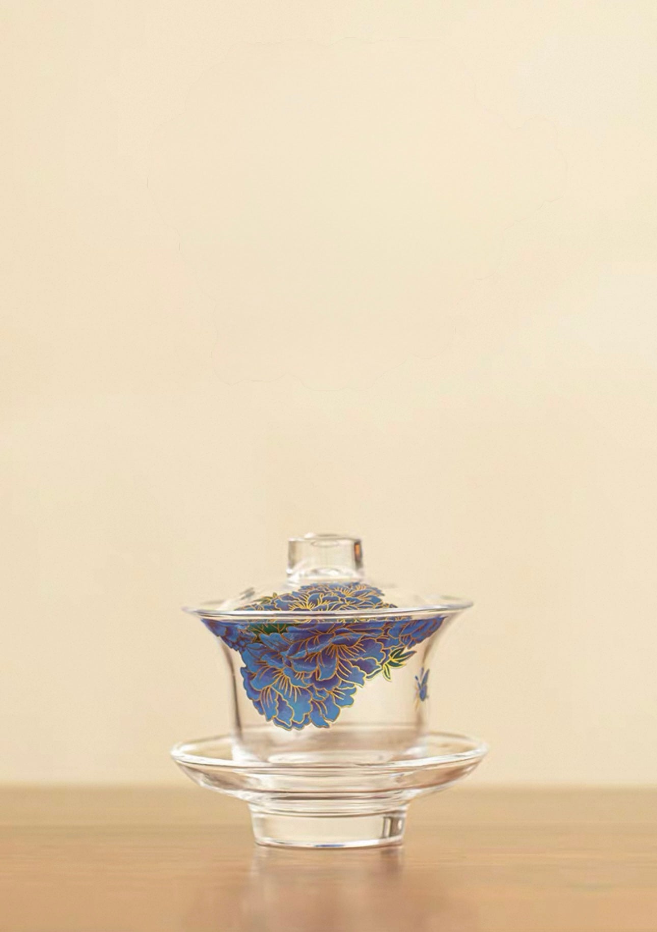 Peony-Etched Glass Gaiwan - Large. Anti-Scald Design