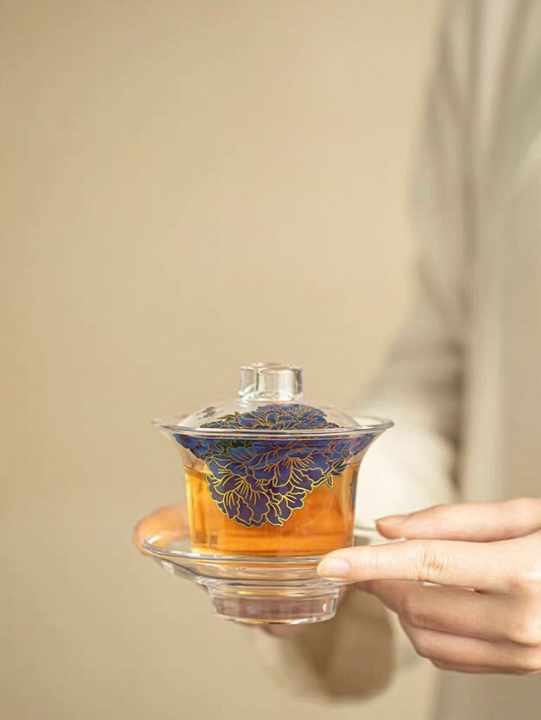 Peony-Etched Glass Gaiwan - Large. Anti-Scald Design