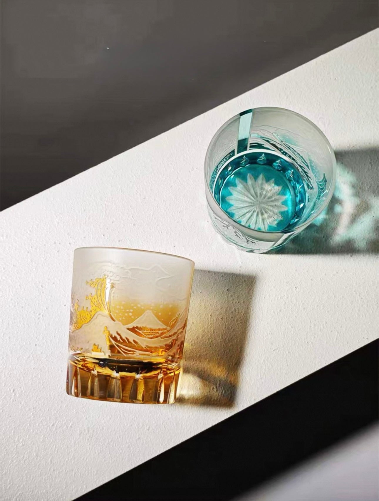 Edo Kiriko Handcrafted Fuji Wave Whiskey Glass Collection