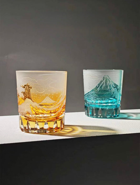 Edo Kiriko Handcrafted Fuji Wave Whiskey Glass Collection