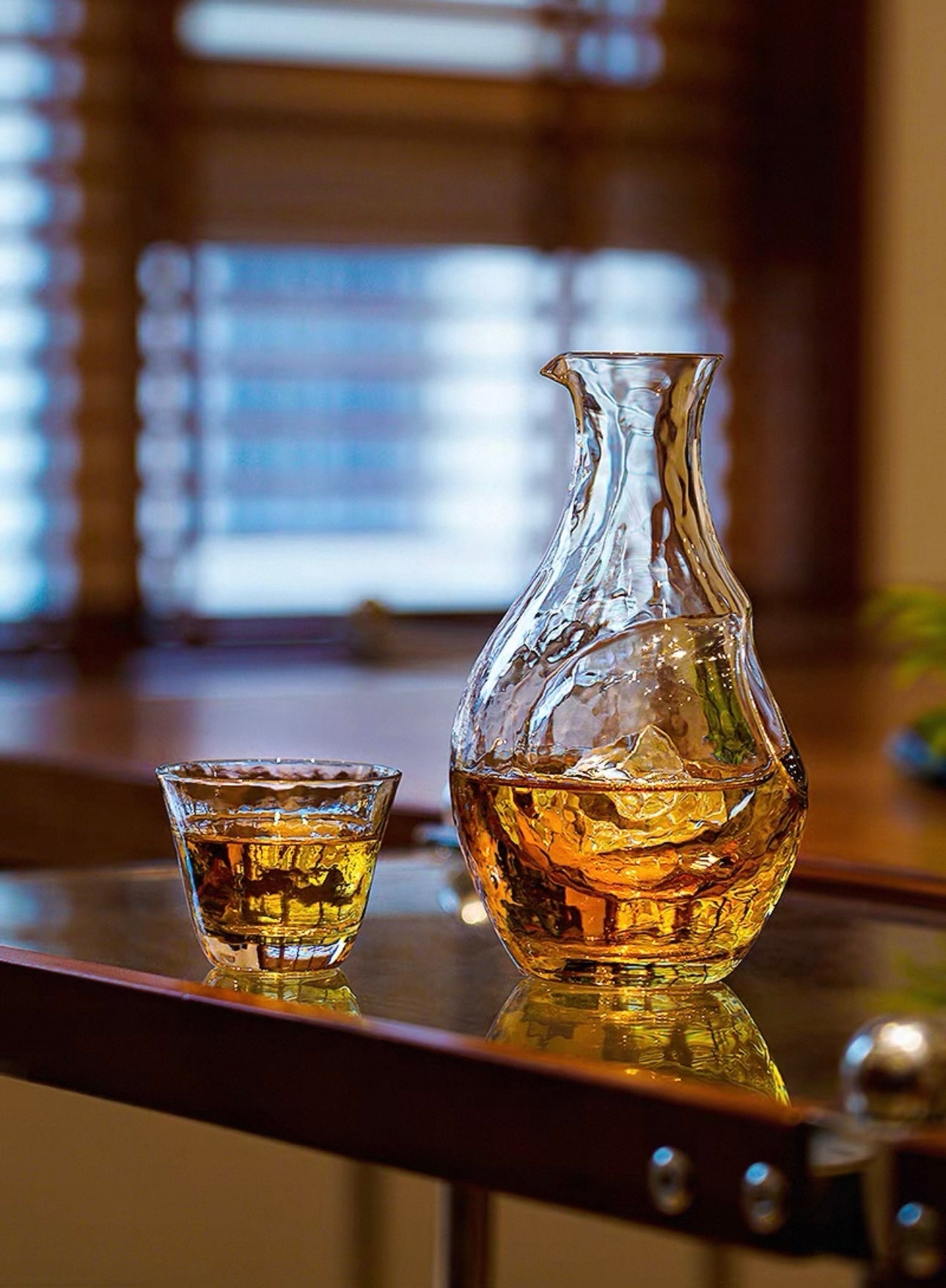 Japanese Amber Hammered Ice Sake Set (Tokkuri & Cups)