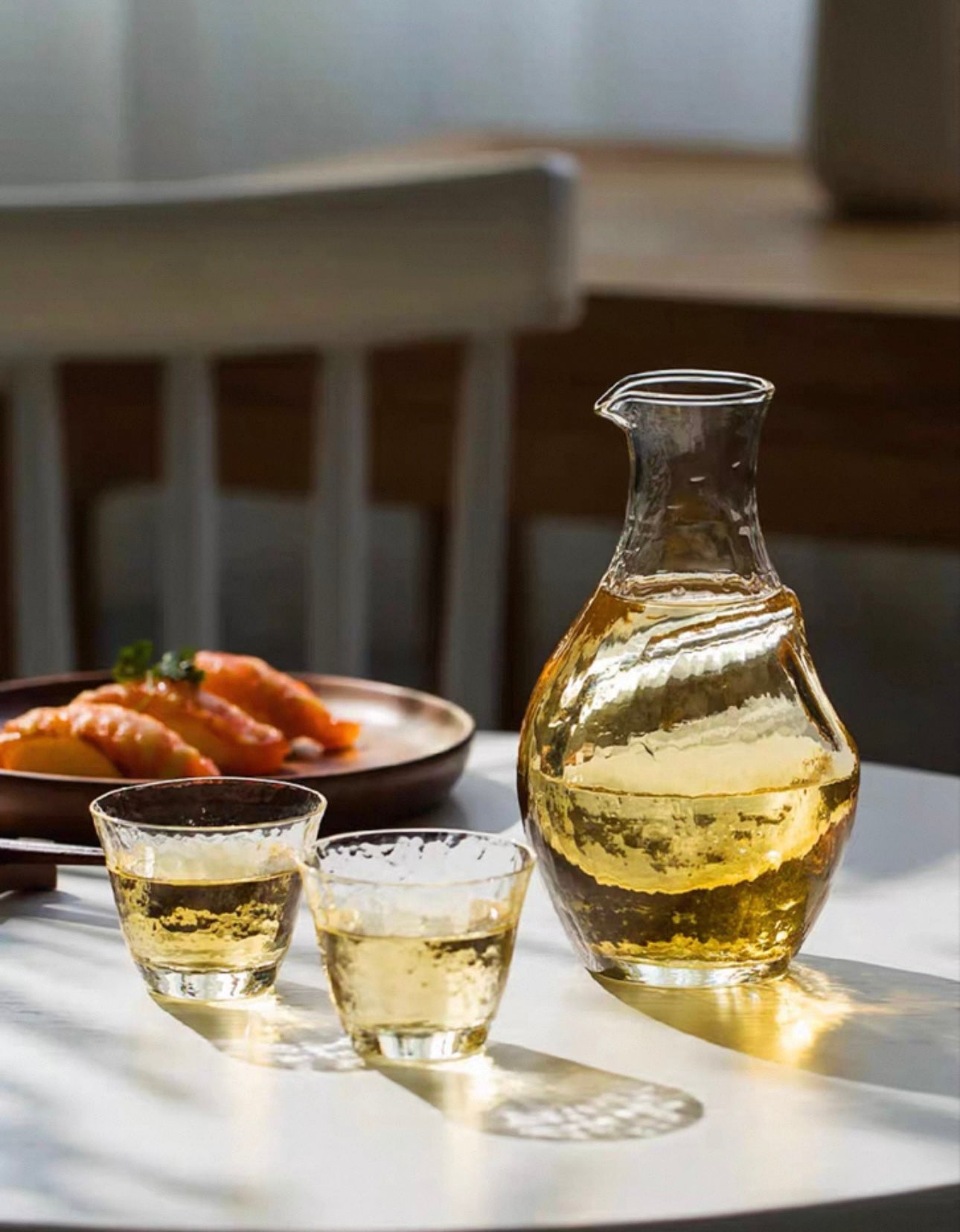 Japanese Amber Hammered Ice Sake Set (Tokkuri & Cups)