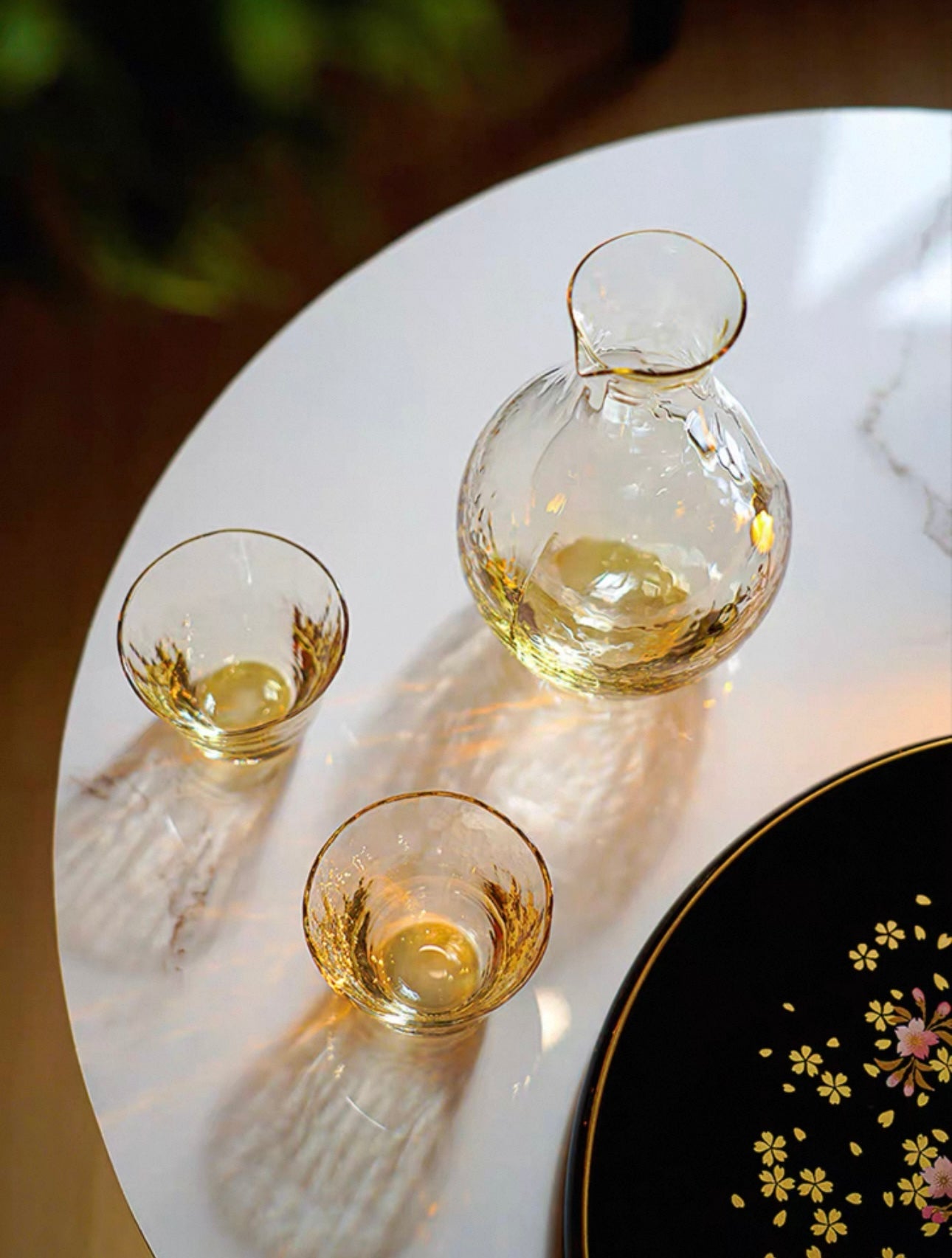 Japanese Amber Hammered Ice Sake Set (Tokkuri & Cups)