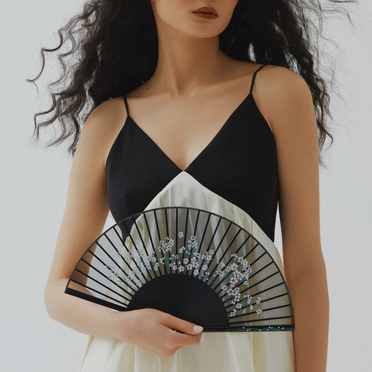 All-Bamboo Rib Silk Folding Fan | Daisy. Lily & Hibiscus Collection